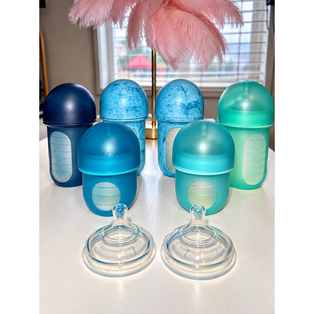 Boon NURSH Silicone Pouch Baby Bottle Set 8oz 4oz Blue Teal Anti-Colic 6-Pack